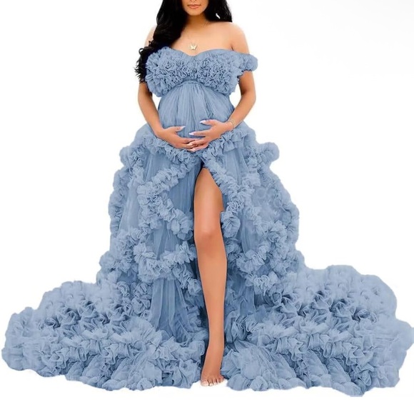 Elegant Dreamy Princess Dusty Blue Tulle Off-Shoulder Maternity Photoshoot Dress - Picture 1 of 16